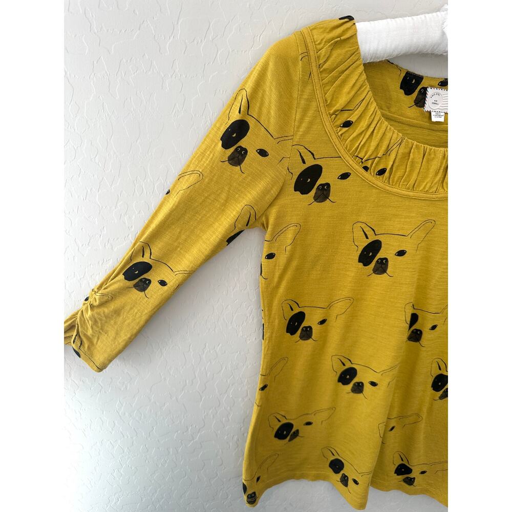 ANTHROPOLOGIE | French Bulldog Graphic Top Yellow Dog Print Scoop Neck Tee | XS - Picture 4 of 8